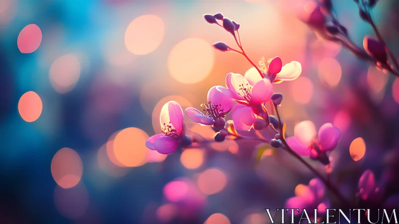 Pink flowering orchid branches with bokeh background and warm warm lighting