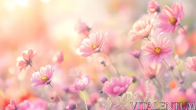 Soft pink cosmos flowers in warm pastel daylight field.