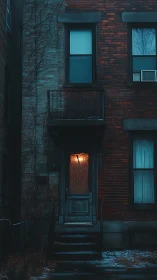 Moody brick townhouse entryway with single illuminated door lamp