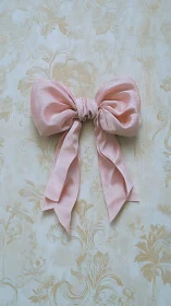Pastel pink grosgrain bow centered on floral damask wall