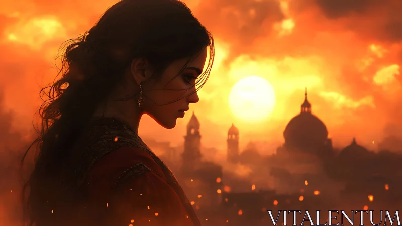 Silhouetted woman before burning sunset cityscape.
