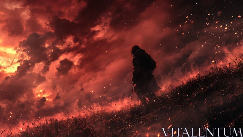 Solitary Figure Trekking Through Wildfire Landscape.