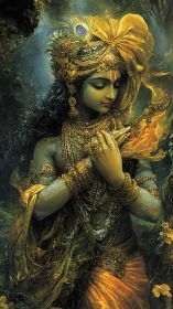 Digital painting of ornate deity in lush forest ambience.