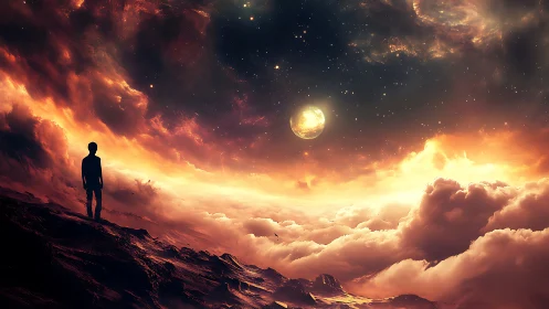 Silhouetted figure facing glowing sky and distant planet