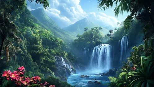 Lush tropical waterfall valley under bright mountain sky.