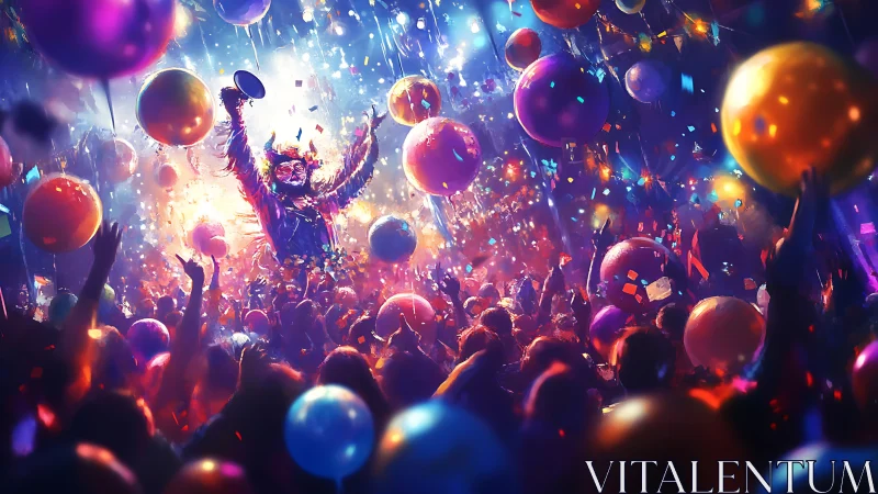 High-energy crowd scene with confetti, balloons and saturated lighting