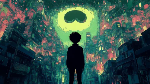 City of neon dreams beneath a watchful glowing sky.