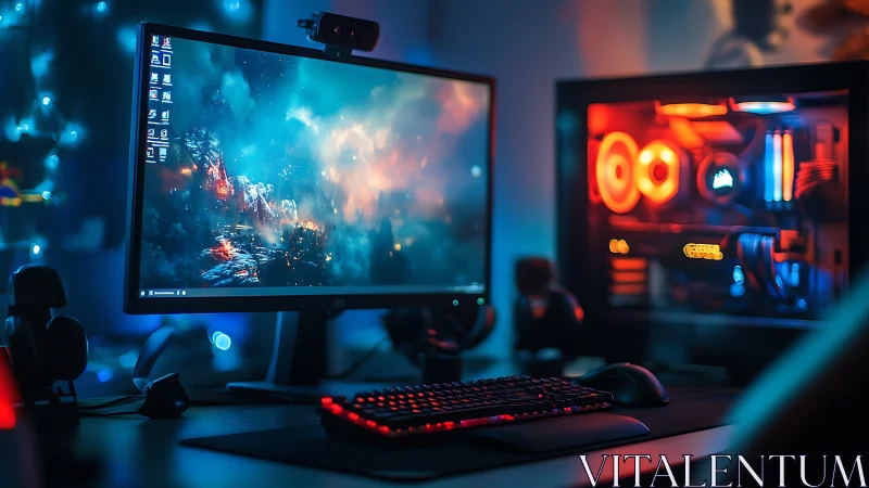 RGB-illuminated gaming workstation displays high-fidelity battle scene