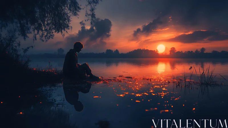 Quiet lake sunset with a reflective, softly lit silhouette.