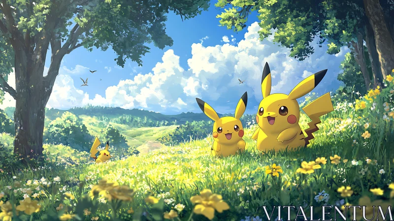 Pikachu family lounges in a luminous wildflower meadow.