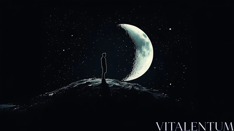 Solitary dreamer greeting a crescent moon in star-swept void.