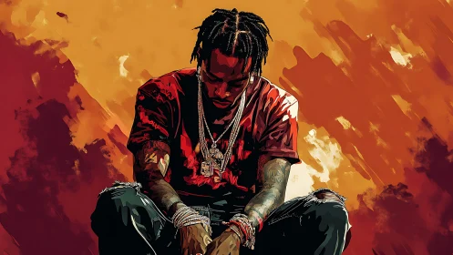 Digital portrait of seated man against abstract background.