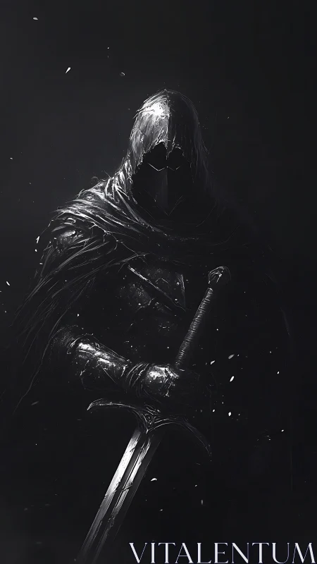 Hooded armored figure holding sword against dark background.