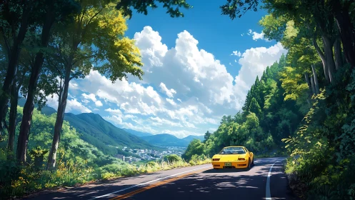 Yellow sports car on sunny mountain road above valley.