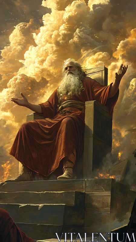 Elderly robed ruler seated on a stone throne amid clouds.