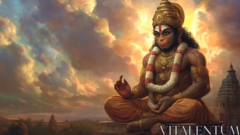 Radiant Hanuman seated in peaceful golden evening light.