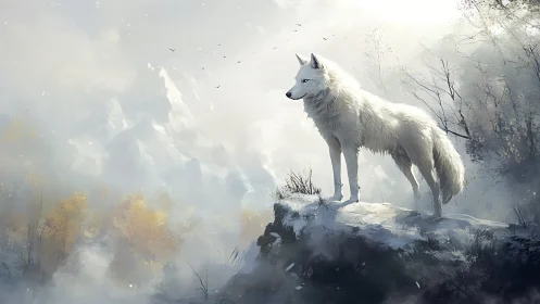 White wolf overlooks misty ridge in ethereal winter light.