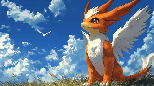 Winged fox creature watches soaring bird under vivid sky.