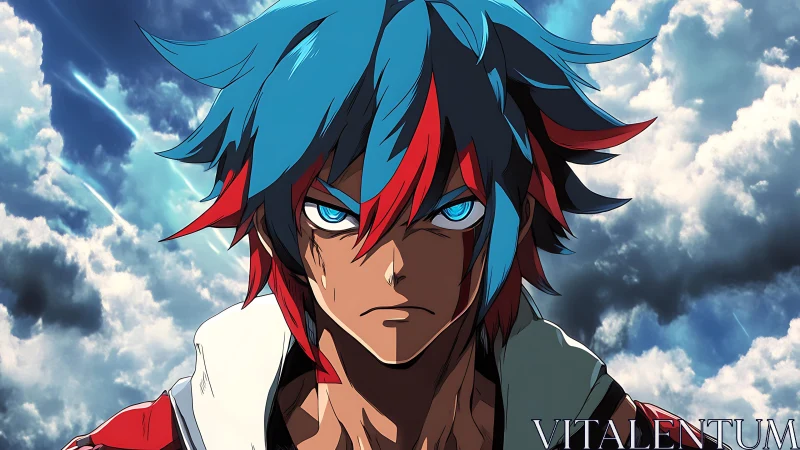 Storm-eyed anime hero under a restless painted sky.