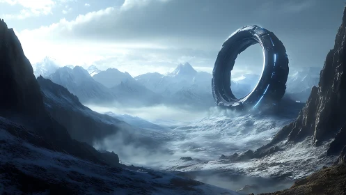 Silent wormhole halo above a frostbitten alien valley.