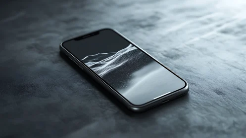 Modern smartphone displays ethereal water wave on dark textured surface.