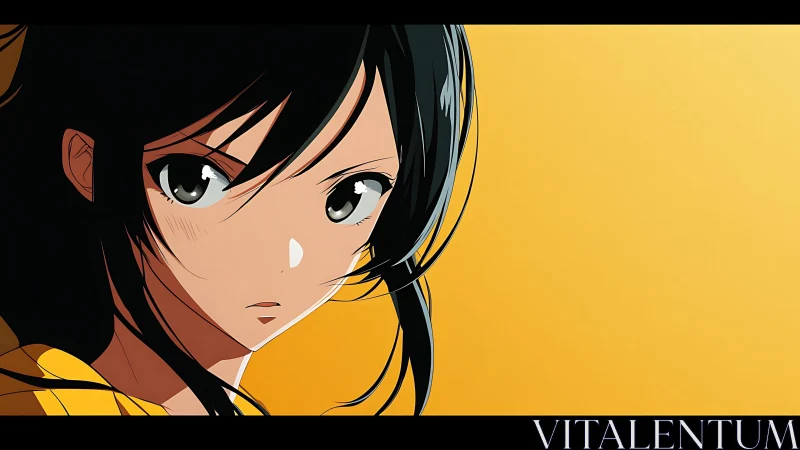Stoic anime girl portrait on bold yellow backdrop.
