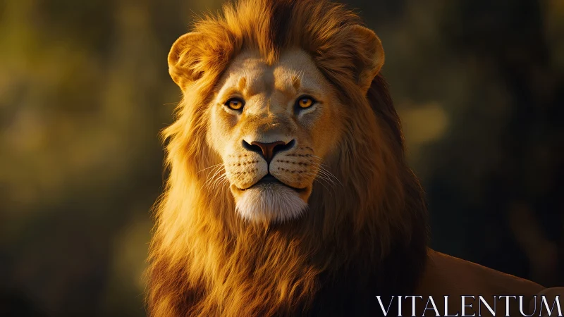 Majestic male lion portrait under warm golden backlight