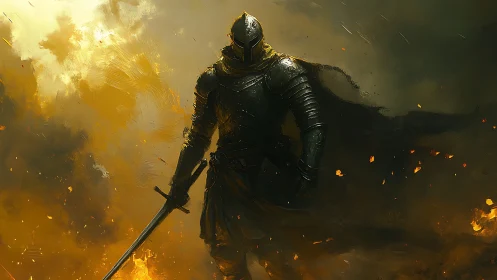 Armored swordsman in dark environment with scattered embers.