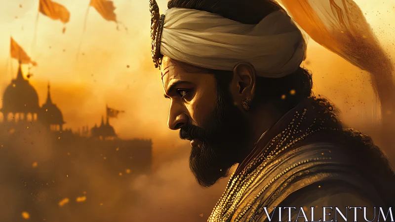 Golden dusk over a warrior king’s quiet, determined gaze.