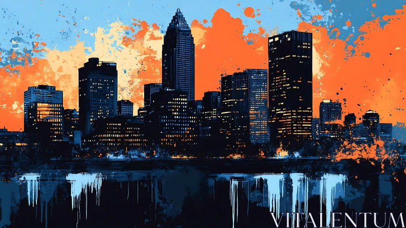 Urban skyline glows against bold splashes of sunset color