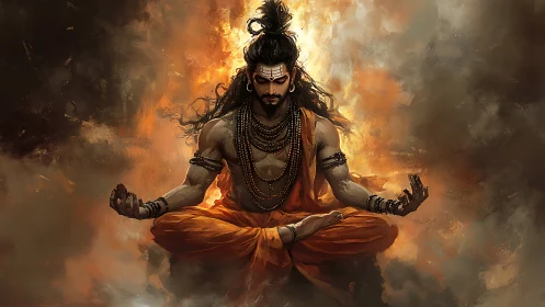 Fiery meditating warrior wrapped in calm, focused energy.