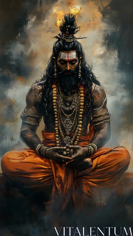 Ascetic yogi in fiery meditation with ornate sacred adornment.