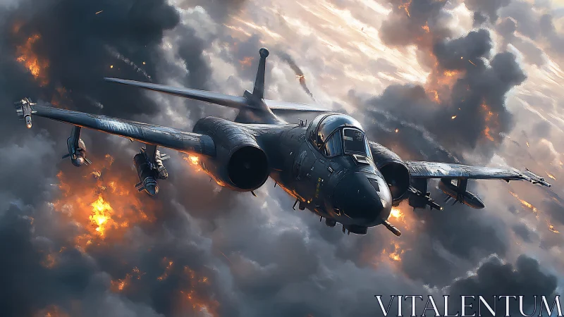 Military attack jet cuts through burning storm clouds.