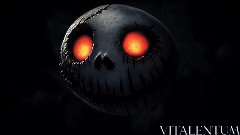 Glowing-eyed carved skull sphere in dark negative space.