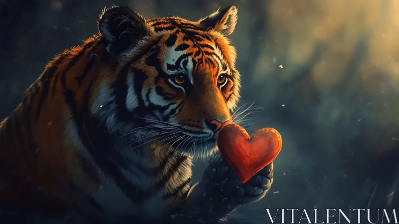 Tiger holding red heart in dim atmospheric setting.