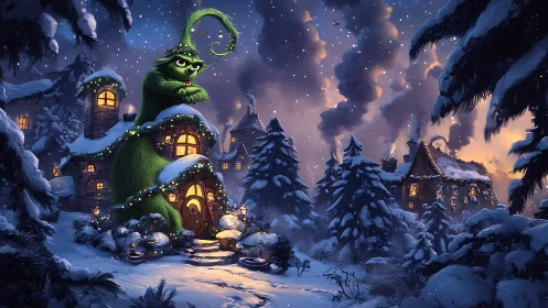 Grinch-like creature wrapped around snowy Christmas cottage.