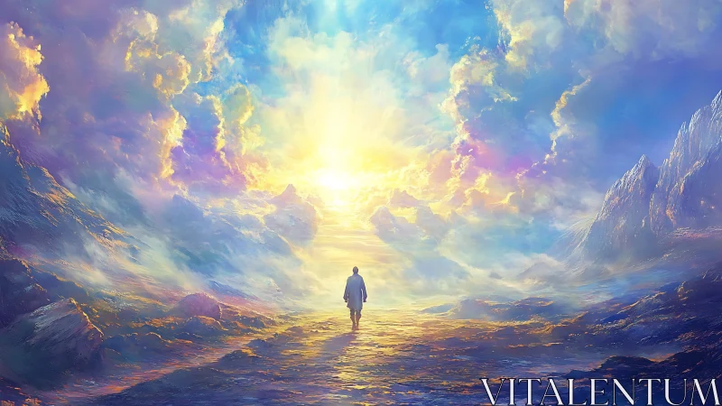 Solitary dreamer walking into a sky of molten dawn light.