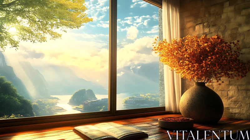 Sunlit studio window overlooking river valley panorama.