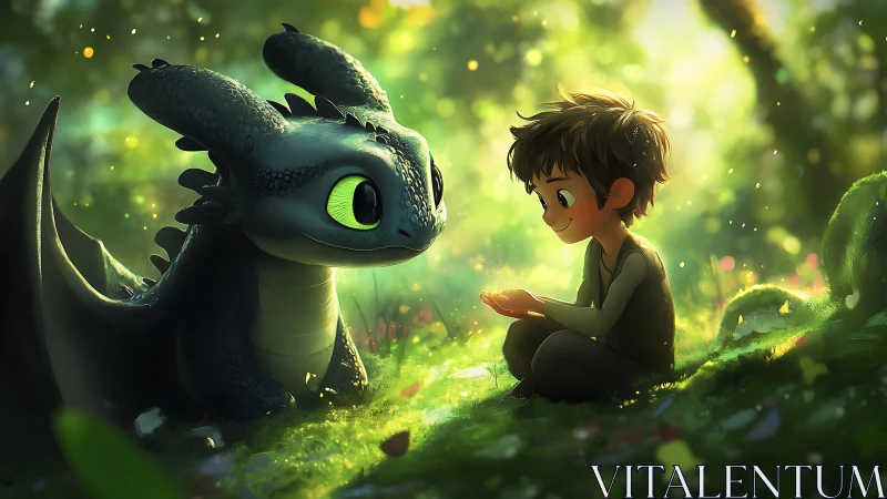 Gentle forest moment between curious boy and baby dragon friend.