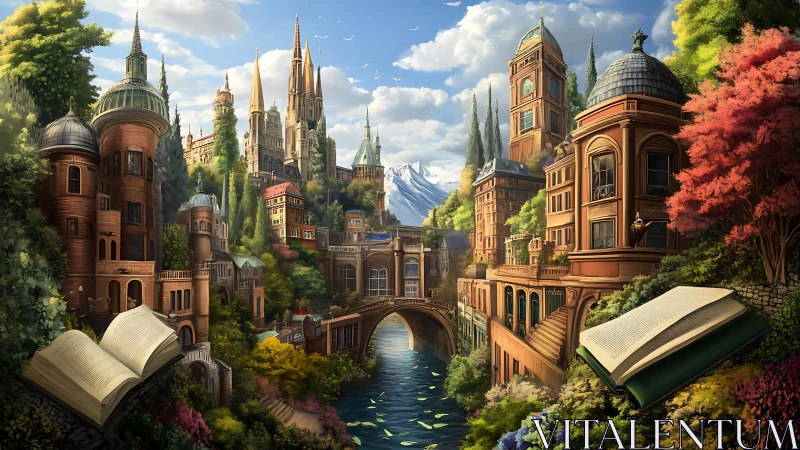 Layered riverside book city integrates neoclassical towers and lush terraces