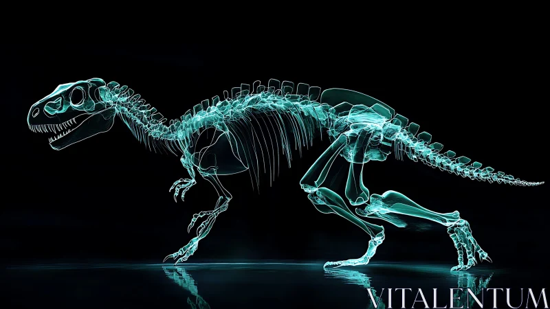 Ghost-lit T-rex skeleton sprints across a digital midnight