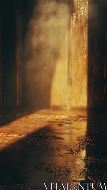 Volumetric light shaft illuminating wet reflective corridor