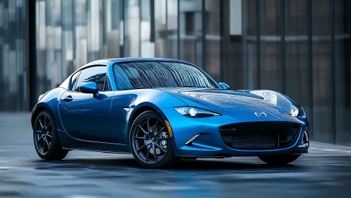 Blue sports coupe parked in front of modern glass buildings