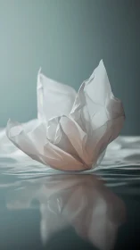 Photorealistic crumpled paper sculpture on reflective water surface.