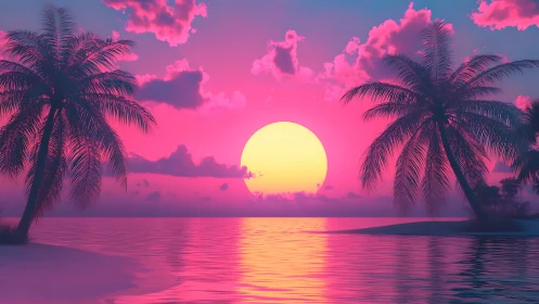 Neon sunset sinks behind tropical palms over glowing water