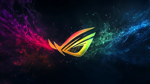 Neon gaming emblem with tri-color particle energy trails.