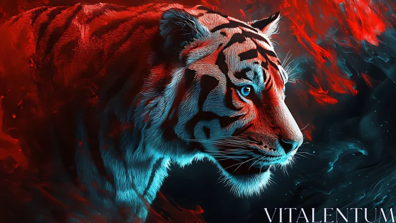 Neon twilight tiger drifting between fire and ice light.