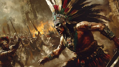 Aztec warrior chieftain advances through cinematic battle chaos