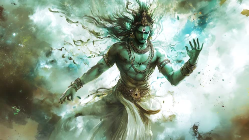 Mythic green-skinned deity figure in swirling ethereal mist.