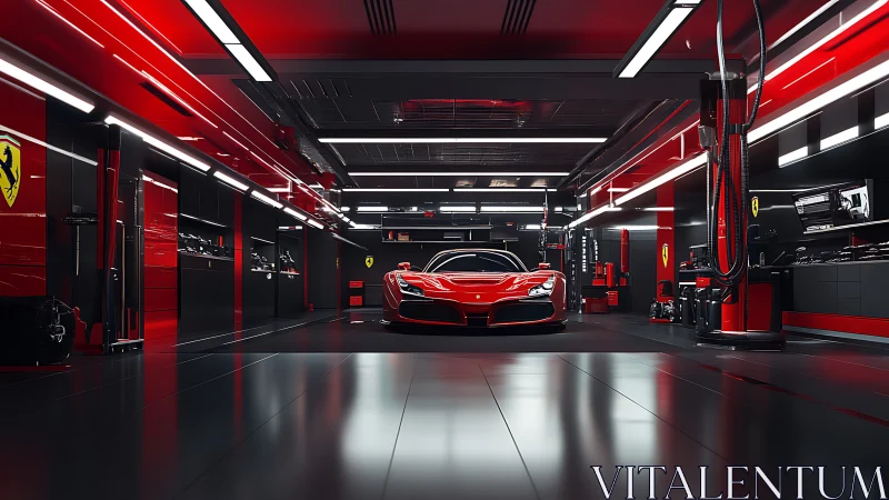 Red performance car is centered in a reflective workshop bay